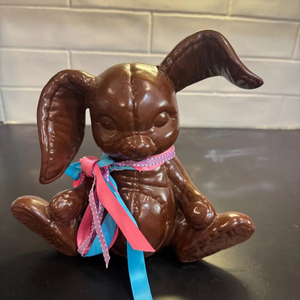 Ceramic Chocolate Bunny Coin Bank Dark Brown Easter Ribbon Decor A-14